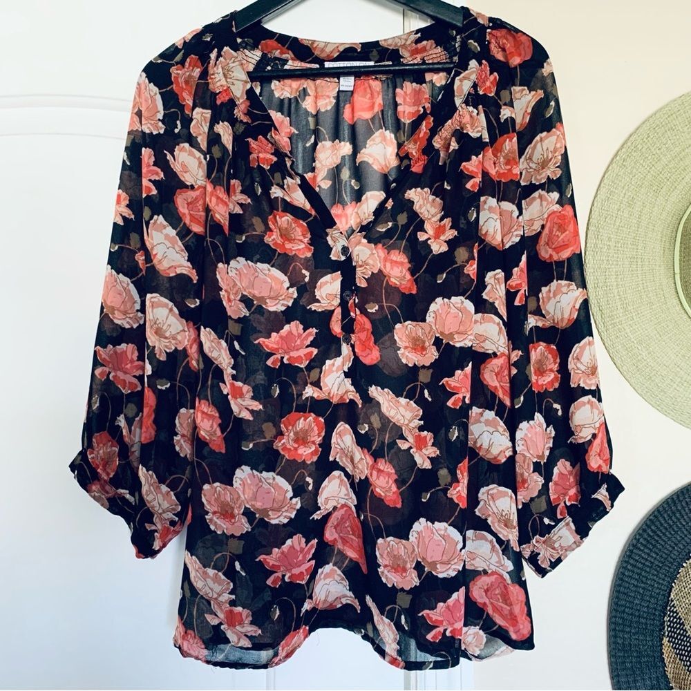Cotton On Women's 3/4 Sleeve Black Floral Print Sheer Blouse | Size: L